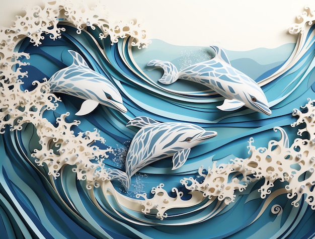 Paper Waves Delicate Illustration of Dolphins Jumping off a Wave