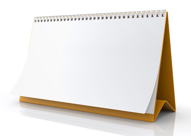 A paper white calendar stands on the table. isolated on white\
background - 3d illustration