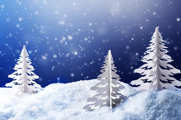 눈 덮인 밤에 종이 겨울 크리스마스 나무 숲. 크리스마스 겨울 인사말 카드