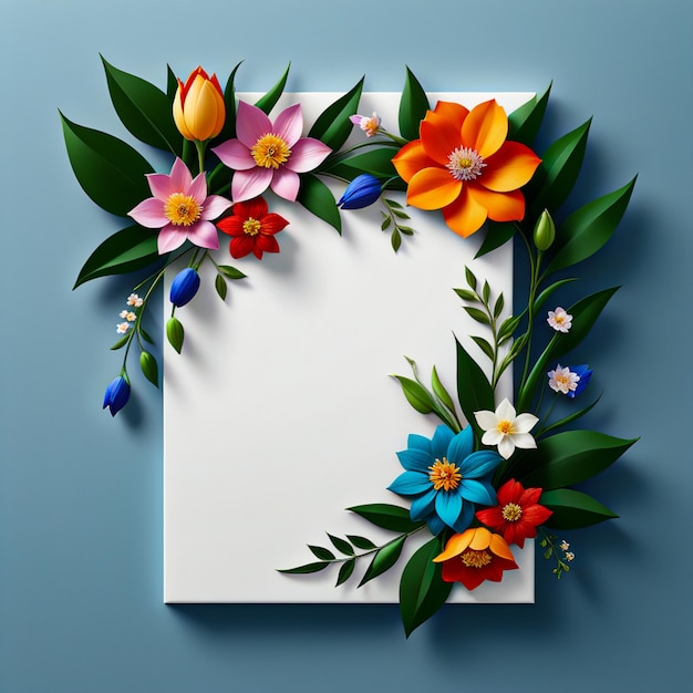 a paper with flowers and leaves on a blue background