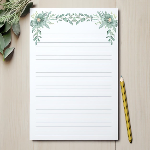 a paper with a pencil and a plant on a table