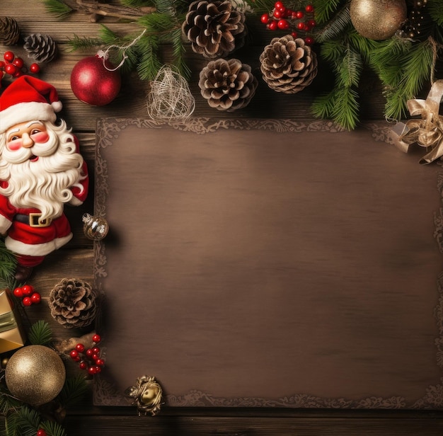 paper with santa claus and decorations on a wooden background