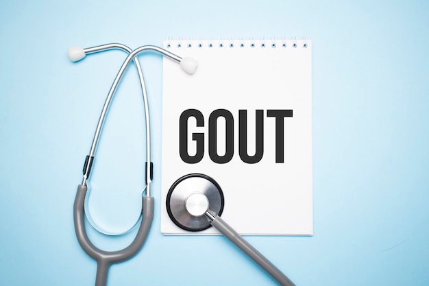 Paper with text GOUT on blue background with stethoscope and pills