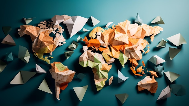 A paper world map with the word world on it