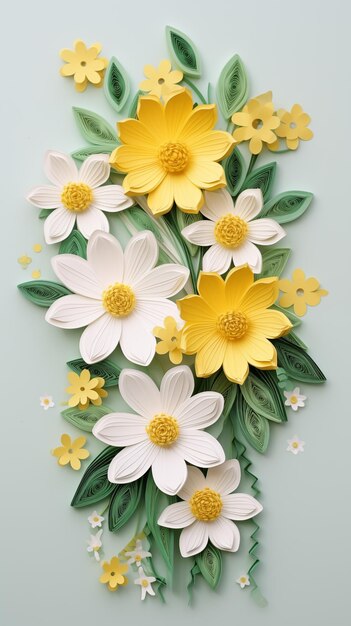 Photo papercraft flowers white yellow and green colors