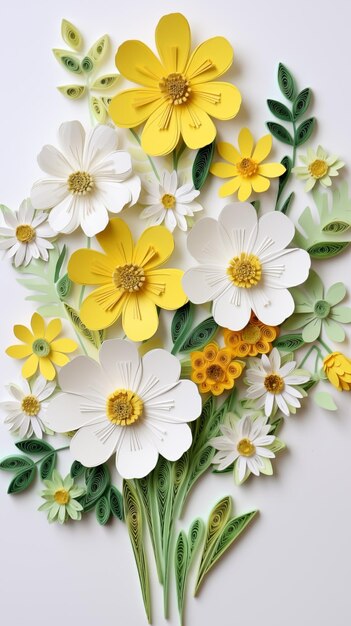 Photo papercraft flowers white yellow and green colors