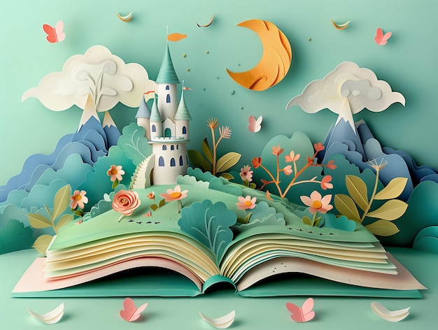 Papercraft_Open book revealing a captivating 3D paper fantasy world