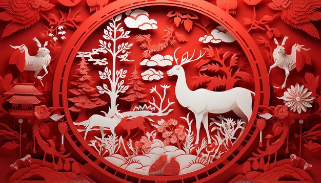 Papercut art depicting zodiac animals or auspicious symbols Chinese New Year generated by ai