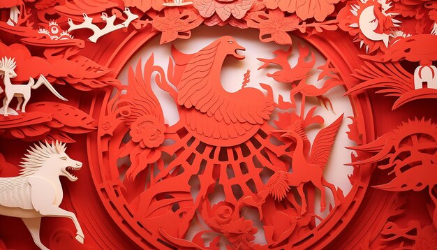 Photo papercut art depicting zodiac animals or auspicious symbols chinese new year generated by ai