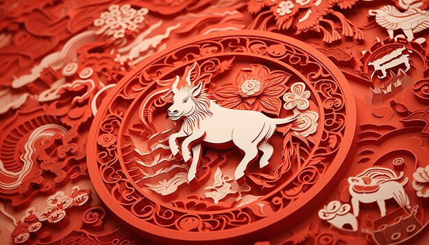 写真 ゾディアックの動物や吉祥のシンボルを描いた紙切りアート 中国の新年