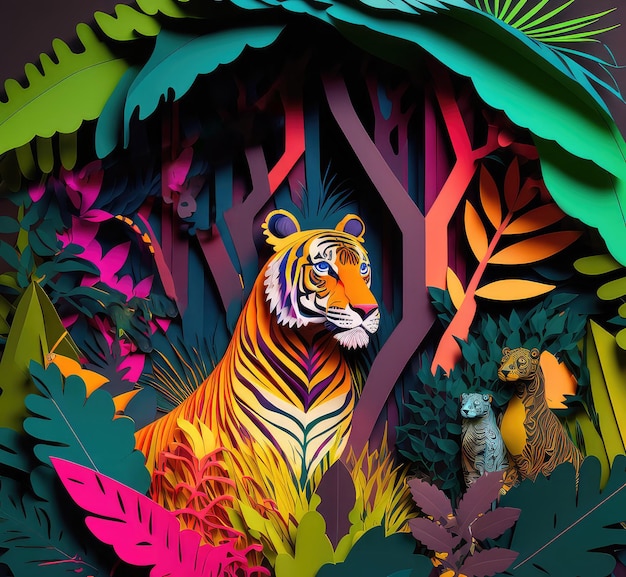 Papercut Cutout Tiger in Jungle