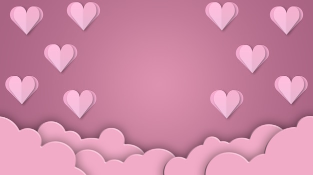 Papercut heart for valentine's day background with clouds 3d