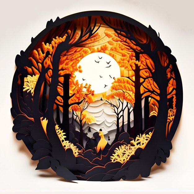 Papercut Herfst Halloween Bos Handgemaakt Papier gelaagde illustratie Natuur Ecologie Banner