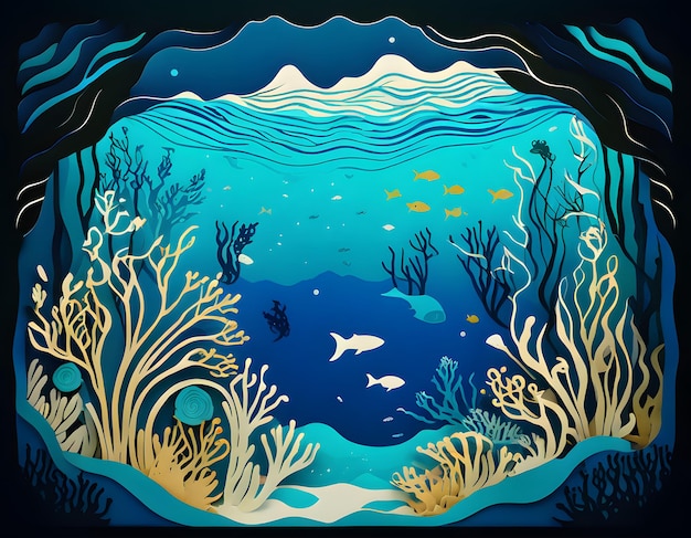 Papercut ocean and seabed landscape