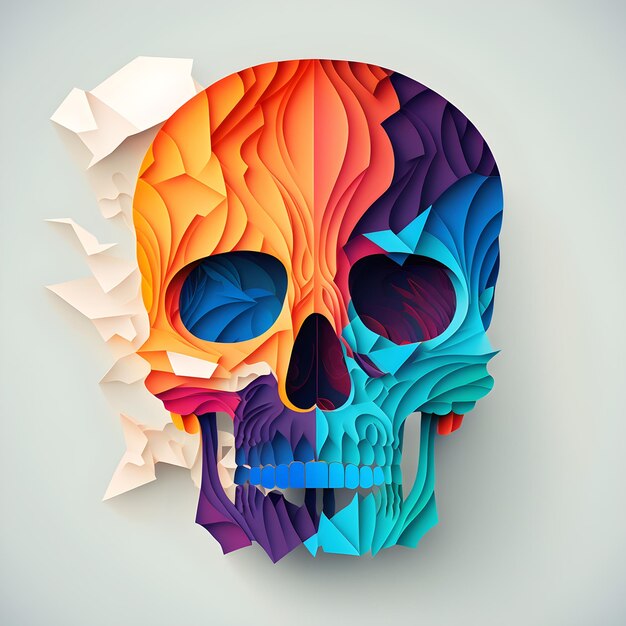 Papercut 해골 인간의 머리 건강 관리 그림 다채로운 할로윈 죽음의 날 요소 생성 AI