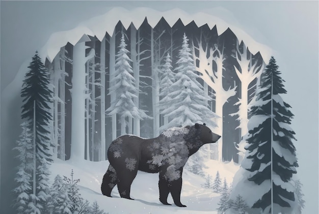 Papercut-stijl van het winterseizoen bos sneeuwboom en bruine beer Illustratie Generatieve AI