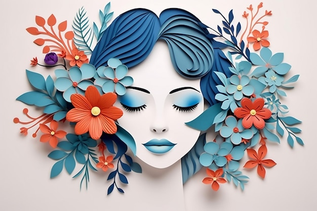 PaperCut Style Face and Flowers Illustration Generative AI