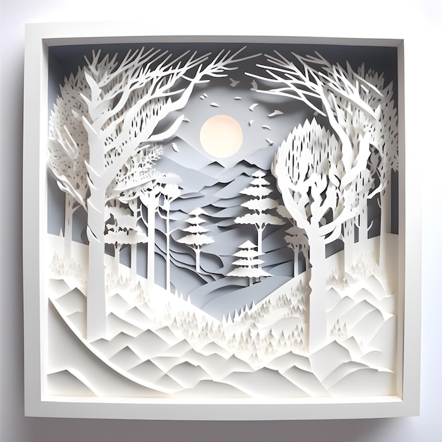 Papercut Winter Forest Diorama Papierkunst gelaagde Wildlife Illustratie Natuur Ecologie Banner