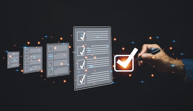 Paperless concept esigning electronic signature document management A businessman signs an electronic document on a digital document