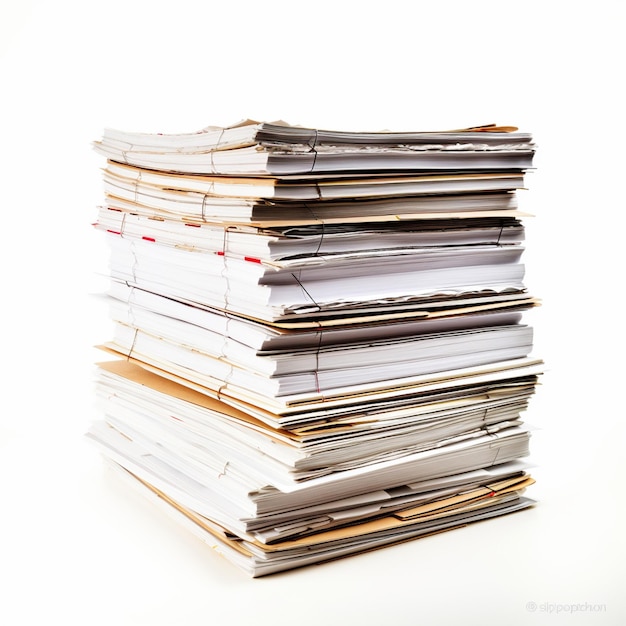 Paperwork old document on white background Large pile of waste paper isolated on white Ready for recycling