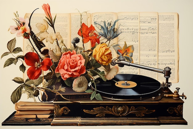 Papier collage Vintage muziek achtergrond met oude vinyl grammofoon en bloemen