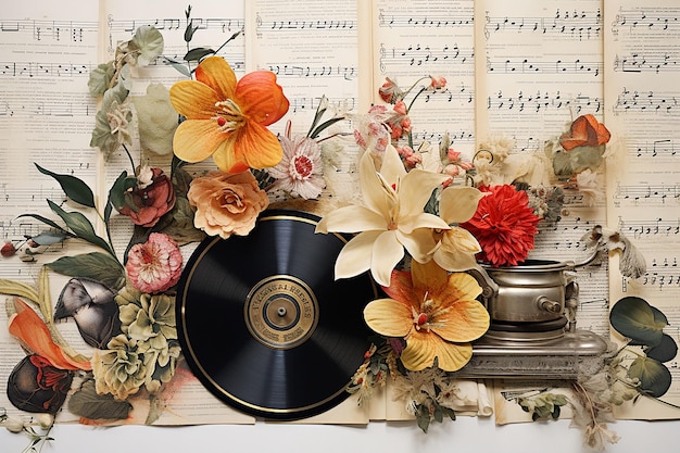 Papier collage Vintage muziek achtergrond met oude vinyl grammofoon en bloemen