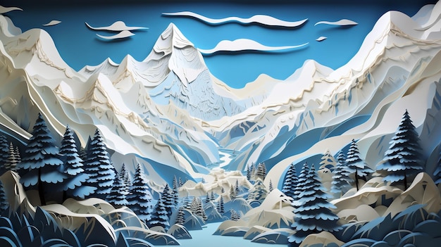 papier gesneden ambachtelijke illustratie van Mount Everest ultra gedetailleerd hyperrealistisch behang