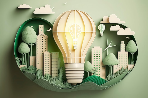 Papier gesneden gloeilamp met groene eco-stad Hernieuwbare energie tegen 2050 Koolstofneutrale energie of uitstoot van broeikasgassen CO2 Bespaar energie creatief idee concept