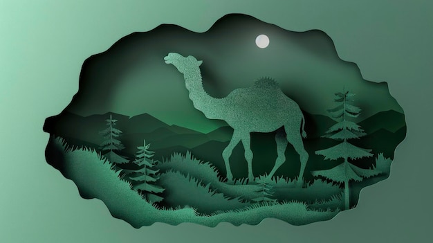 Papier gesneden kameel silhouet geïsoleerd op middernacht groene achtergrond