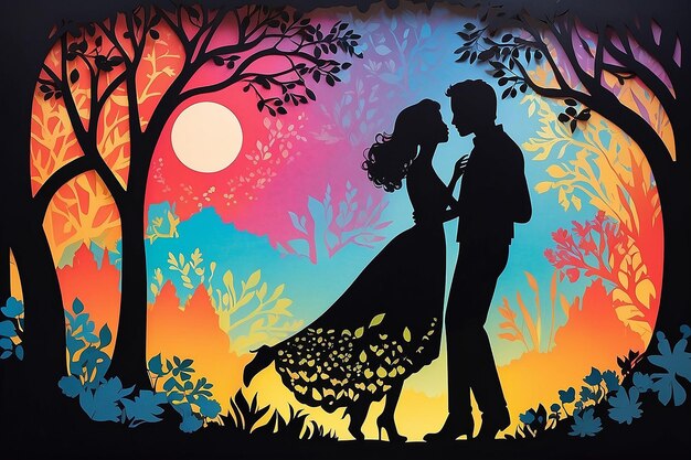 Papier gesneden Liefde levendige achtergrond Illustreer ontwerpen met paren die dansen en elkaars hand kussen