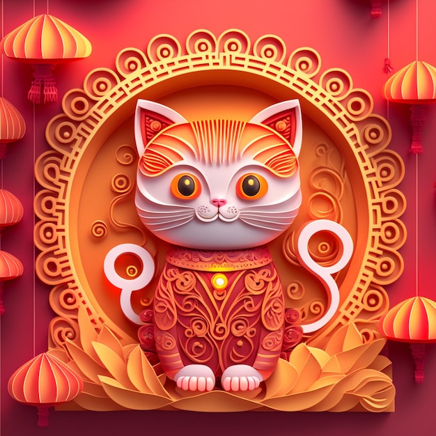 Papier gesneden quilling multidimensionale chinese stijl schattige dierenriem kat met lantaarns bloesem perzik bloem op de achtergrond chinees nieuwjaar Lunar new year 2023 concept