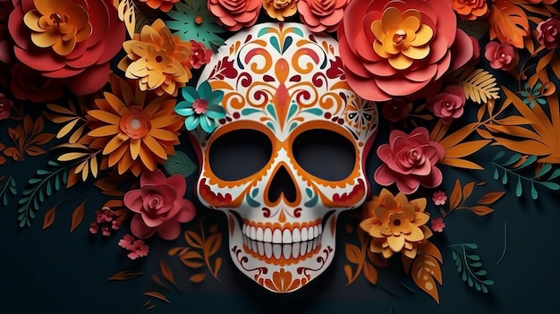 Papier gesneden schedel en bloem op een Mexicaanse dag van de dode achtergrond