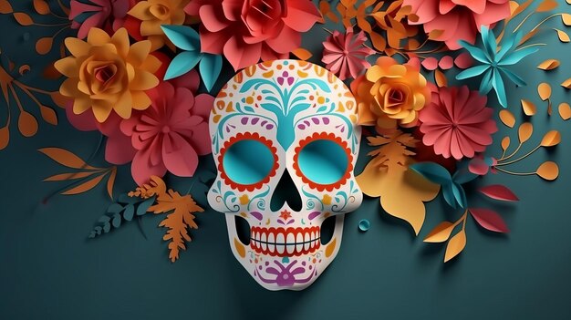 Papier gesneden schedel en bloem op een Mexicaanse dag van de dode achtergrond