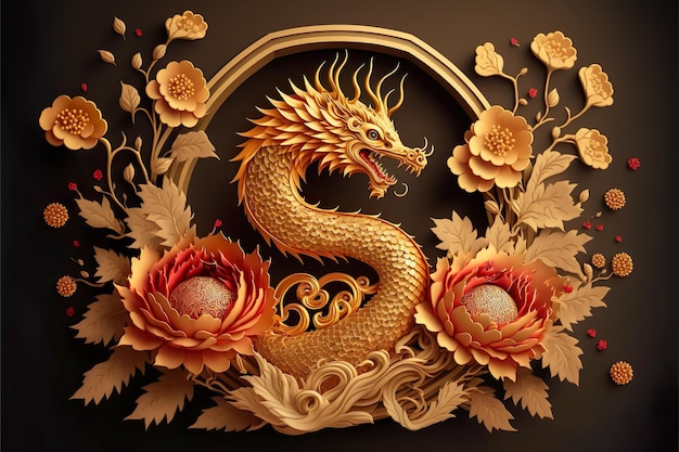 Papier gesneden stijl Gelukkig Chinees Nieuwjaar 2024 de draak dierenriem en bloem met gouden stijl op kleur achtergrond Generatieve Ai