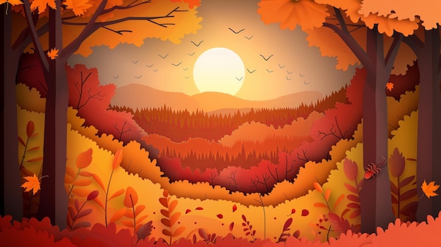 Papier gesneden stijl heldere zonsondergang in een dichte herfst bos de zon ondergaat achter de bomen schilderen de lucht in warme schaduwen en verlichten het gebladerte in het bos