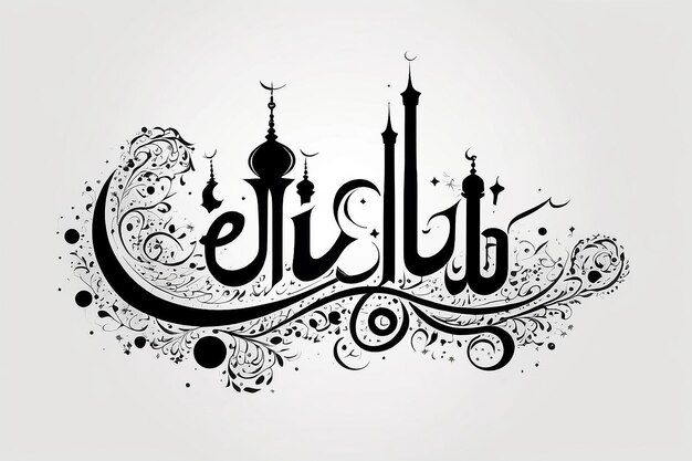 Papier Grafiek Islamitische Gelukkige Eid Mubarak tekst in witte geïsoleerde achtergrond in Arabisch lettertype in ramadan kareem