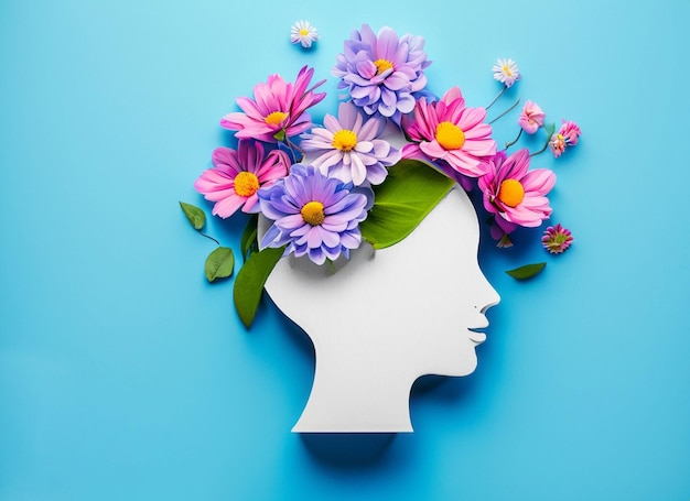 Papier menselijk hoofd symbool en bloemen op blauwe achtergrond Wereld Mental Health Day concept