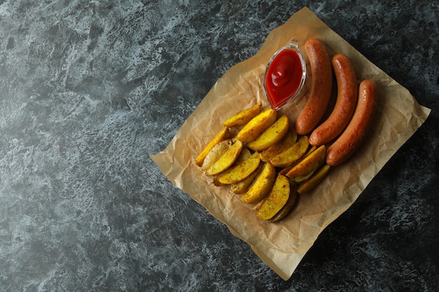 Papier met gebakken aardappel, saus en worst op zwarte smokey achtergrond