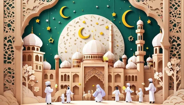 papier stijl eid mubarak thema voor sociale media post sjabloon