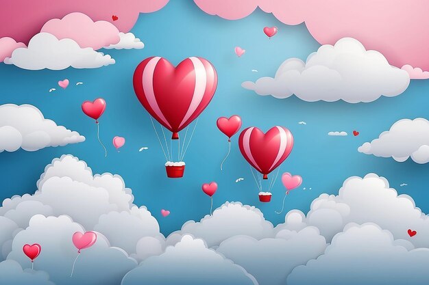Papier stijl liefde van valentijnsdag ballon vliegen over wolken met hart drijven op de lucht koppel huwelijksreis vector illustratie achtergrond