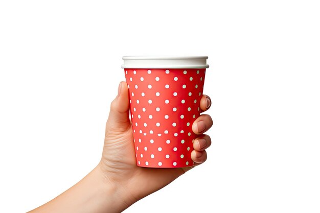 Papierbeker in handen geïsoleerde hand houdt beker koffie beker theekop warme drank mockup grijze beker in armen