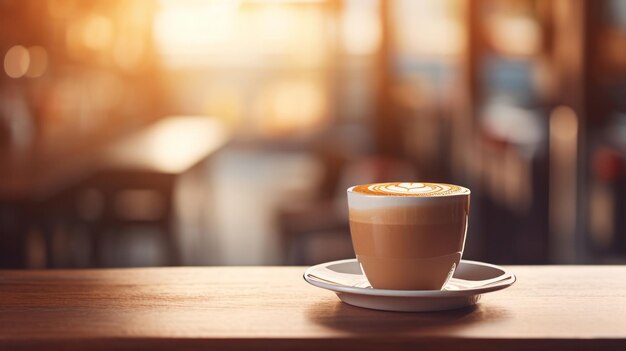Papierbeker koffie op de kroeg tegen een koffiewinkel in de ochtend zachte bokeh achtergrond