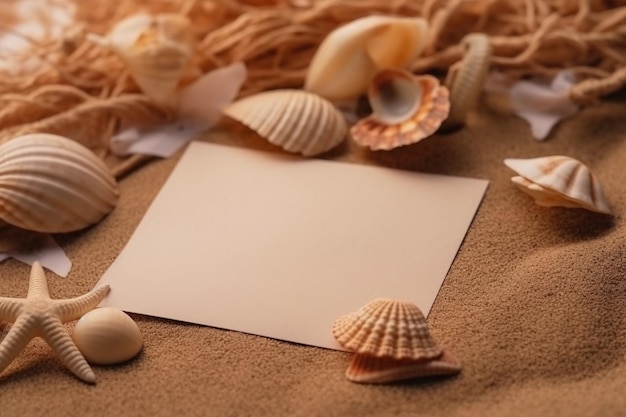 Papieren ansichtkaart liggend op een zandstrand met schelpen