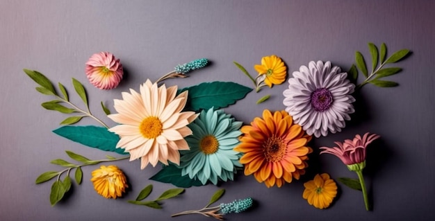 Papieren bloemen op een grijze achtergrond met een groen blad en een gele bloem.