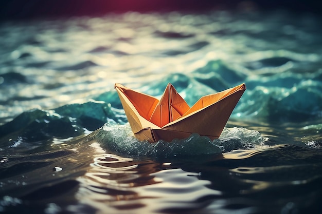 Foto papieren boot die tussen de golven in de oceaan drijft origami boot die in het water drijft