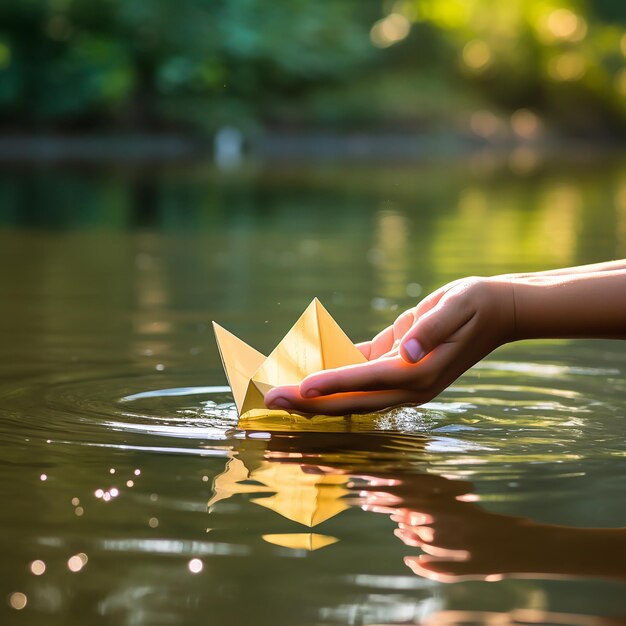 Foto papieren boot in de hand van een kind tegen de achtergrond van het oppervlak van een vijver of meer