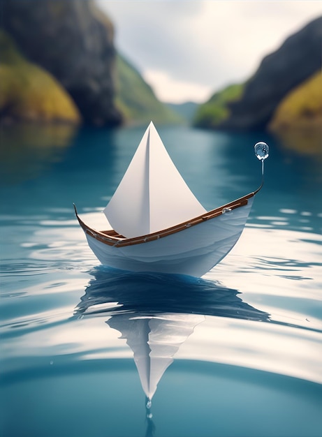 papieren bootje in het water met een weerspiegeling van een uitzicht op de bergen