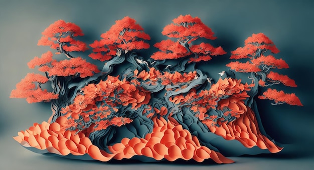 Papieren collage van rode bonsaibomen AI-generatie