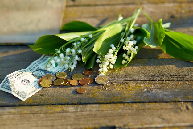 Papieren dollar en munten op een houten ondergrond met lelietje-van-dalenbloem Kopieer de ruimte