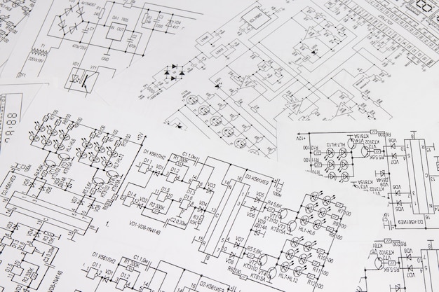 Papieren elektrotechnische tekeningen. Werk van een elektronische ingenieur.